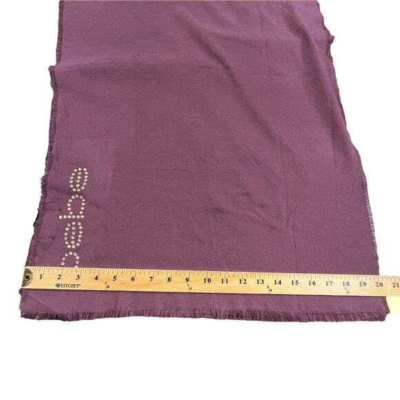 Bebe Cozy Soft Raw Edge Rhinestone Crystal Logo Scarf 68X20 Maroon Purple 68X20 - Picture 13 of 14